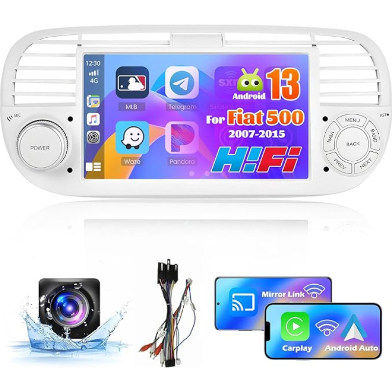 Inefala 1 + 32 GB Android Carplay Car Radio for Fiat 500 2007-2015, 7 Inch Touchscreen Radio with CarPlay Android Car, Bluetooth, Mirror Link, WiFi, GPS, RDS FM, AHD Reversing Camera (White)