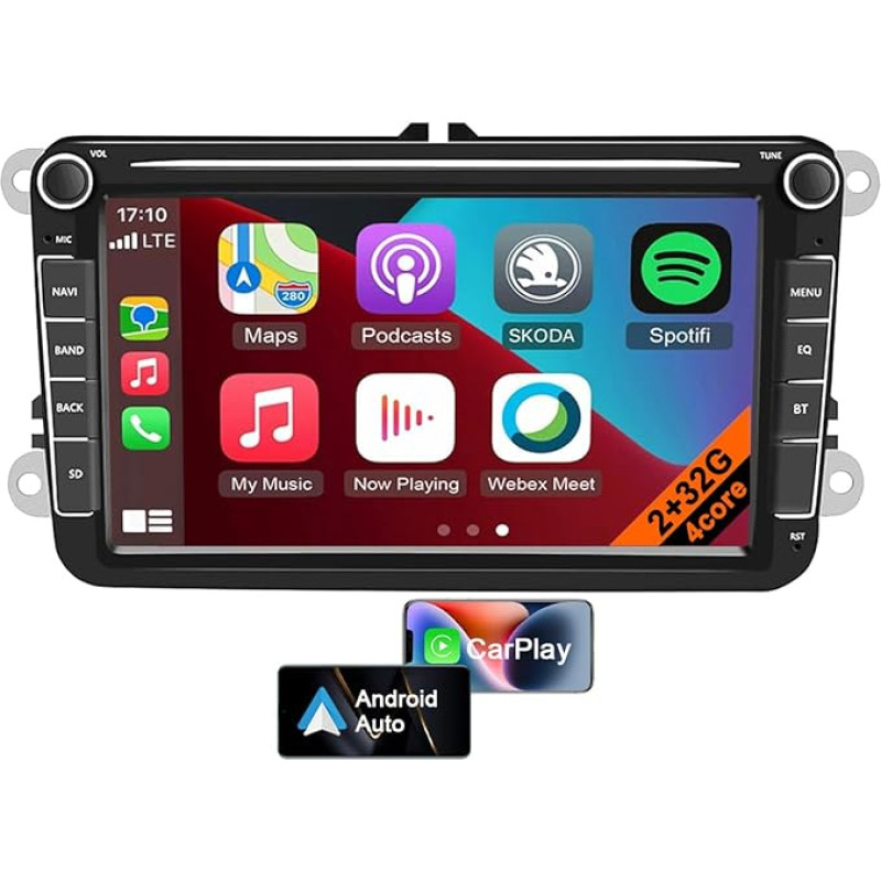 Android 13 Car Radio for VW Golf, Polo, Tiguan, Caddy, Seat, Skoda with CarPlay Android Car, 8 Inch Screen Display with Navigation, Bluetooth, FM, WiFi, SWC + Reversing Camera (4core 2GB + 32GB)