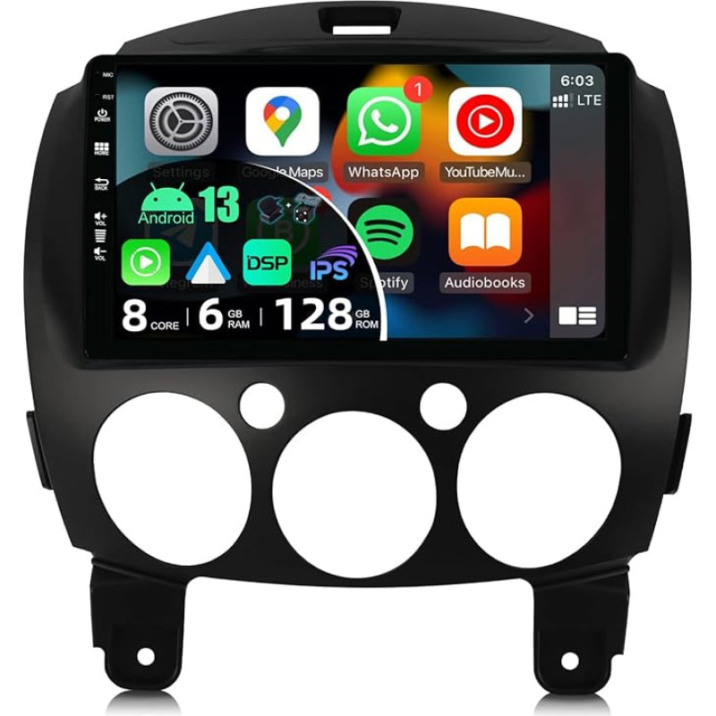 BXLIYER - [6G+128G] - Android 12 Car Radio Fits Mazda 2 (2007-2012) - Wireless Carplay + Android Car - LED Camera & Mic - IPS 9 Inch 2 DIN - DSP Steering Wheel Control WiFi DAB Fast Boot 360 Camera