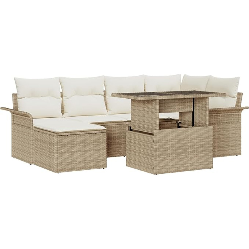 Rantry 7-teiliges Garten Sofa Set mit Kissen Beige Poly Rattan, 2-Sitzer Garten Sofa mit Stauraum & Kissen Beige Poly Rattan Gartenlounge Model3357054