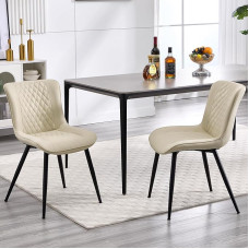 BERYTH Valgomojo kėdės 2 virtuvės kėdės su aukštu atlošu Minkštos kėdės su 5 cm sėdynės pagalvėle PU odos valgomojo kėdė Modernūs foteliai ir metalinės kojos Smėlio spalvos