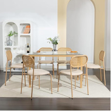 Set of 6 Dining Chairs, Rattan Dining Chair with Metal Backrest and Legs, Modern Kitchen Chair for Dining Room, Living Room, Bedroom (Wood Color - 2, 6 Pieces)