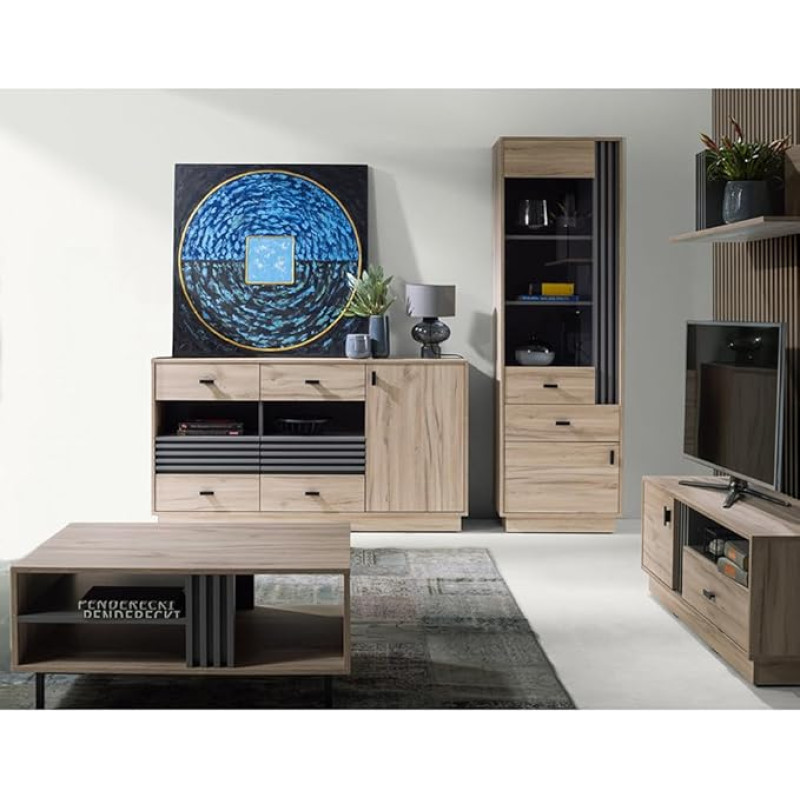 Wohnzimmermöbel-Set mit Vitrine, Sideboard & Lowboard in Eiche mit anthrazitfarbenen Akzenten, modern 5teilig