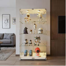 YNYHTER Stiklinė vitrina LED 164 x 80 x 36,5 cm Stiklinė vitrina 4 lentynos Skaidri didelė veidrodinė kolekcijos vitrina (2 durys, 4 sluoksniai, veidrodis + apšvietimas, balta)