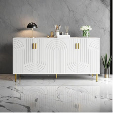 Wyibwy Modern Sideboard with 4 Doors and 2 Drawers, Simple Buffet with Unique Wave Design and Gold Handles and Feet for Dining Room, Hallway, 152 x 40 x 75 cm, White
