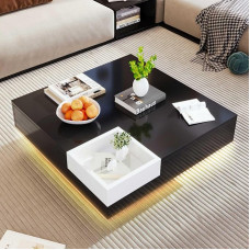 KOMHTOM Modernus kavos staliukas Kvadratinis LED šoninis staliukas Juodas blizgus svetainės stalas