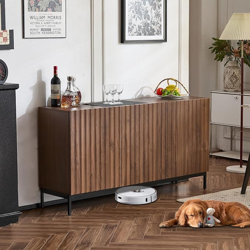 BTM bufetas 150 x 40 x 80 cm, tamsiai sendinto ąžuolo, vidurio amžiaus moderni dekoratyvinė spintelė, 3 durys, banguotas 3D dizainas, reguliuojamos lentynos, apsauga nuo pakreipimo, stilinga svetainės spintelė