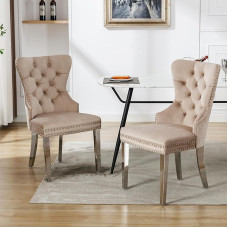ModernLuxe Esszimmerstühle 2er-Set Küchenstuhl Wohnzimmerstuhl - Polsterstuhl mit Türklopfer, Nagelkopfbesatz & Metallbeinen, luxuriöser Samtbezug, ergonomische Rückenlehne - Beige