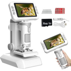 PYRODUM 4,0 colių IPS skaitmeninis mikroskopas 1600X, 1080P nešiojamasis rankinis mikroskopas su nuotraukų ir vaizdo įrašų įrašymo funkcija, 32 GB kortele, LED apšvietimu, skaidrių mėginiais, įkraunamas USB mikroskopas vaikams ir suaugusiesiems