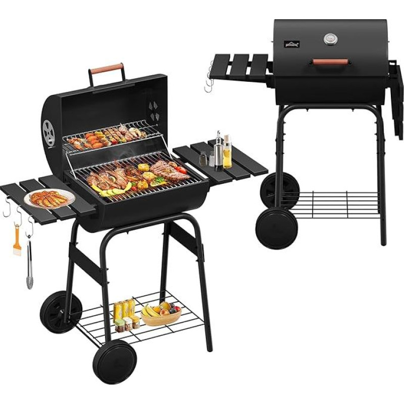 HOMELUX medžio anglių kepsninė, rūkykla, grilio vežimėlis su dangčiu, ratukais, termometru, nuimamomis šoninėmis lentynomis