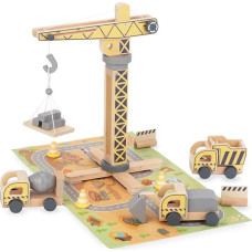 Mamabrum Wooden Construction Site Set with Mobile Crane, Construction Vehicles, Traffic Cones & Building Materials - Toy Construction Site Set for Children from 3 Years - Compatible with Wooden Train