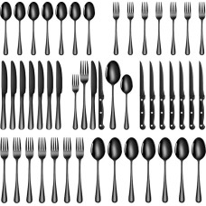 TAN REN Juodos spalvos stalo įrankių rinkinys 8 žmonėms, 48 dalių nerūdijančio plieno stalo įrankių rinkinys su steiko peiliu, elegantiški stalo įrankiai su peiliu, šakute, šaukštu, virtuvės/restorano stalo įrankiais