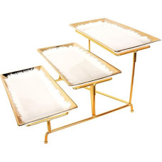 jinsongdafa 3 pakopų serviravimo padėklų rinkinys, 3 porcelianiniai 29 cm porcelianiniai serviravimo padėklai ir auksinis apvadas, tvirtas auksinis stovas, skirtas vakarėliams, maisto pristatymui, vaisių desertui