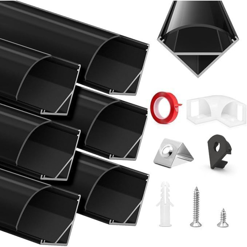 HOMMAND 6 x 1 m V formos LED juostos kanalas ir difuzorius su kampine jungtimi, klijais, galiniais dangteliais ir tvirtinimo spaustukais, 45 laipsnių LED profilis, LED aliuminio profilis 6 m