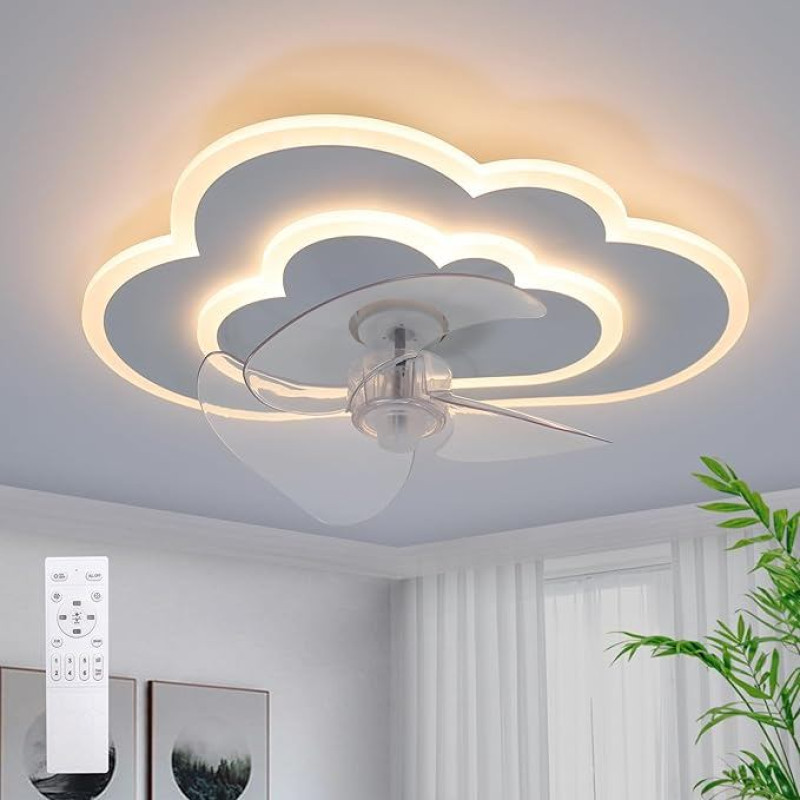 Lubų ventiliatorius su apšvietimu LED Cloud lubų apšvietimas su ventiliatoriumi 6 greičiai Nuotolinio valdymo pultas Tylus pritemdomas ventiliatoriaus lubų šviestuvas miegamajam Vaikų kambarys 50 W 50 cm