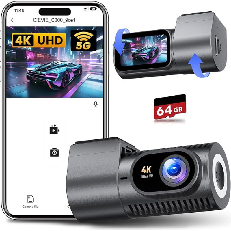CIEVIE Dash Cam Automobilinė priekinė 4K, 1,5 colio IPS ekranas, 5G WiFi ir 64 GB kortelė, 360° pasukama mini prietaisų skydelio kamera, automobilinė kamera su WDR naktiniu matymu, 24/7 parkavimo stebėjimas, G jutiklis, įrašymas kilpa, 170° plotis
