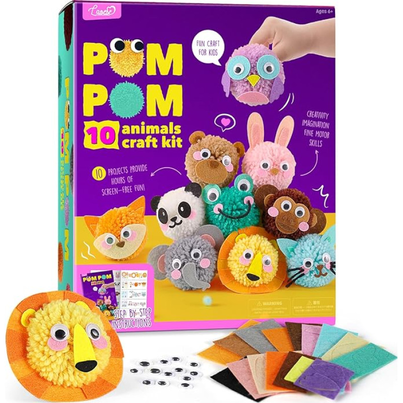 PomPons Gyvūnų amatų rinkinys vaikams 3-7 metai, dovana mergaitei berniukui 4 5 6 metai, žaislas nuo 4 metų mergaitėms berniukui, kūrybiniai pliušiniai amatai vaikams, gimtadienio dovana mergaitėms berniukams 4-10 metų