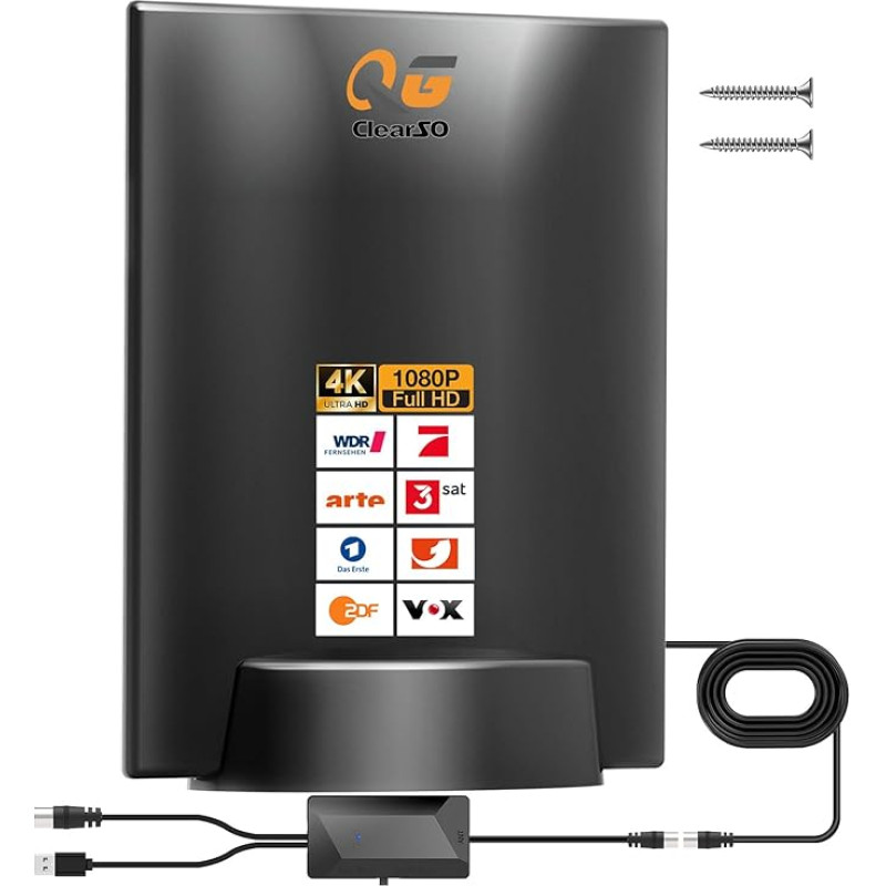 DVB-T/DVB-T2 antena su stiprintuvu - HDTV vidaus antena televizoriui, 430 km atstumu ir 360° priėmimo kampu, su magnetiniu pagrindu - palaiko 4K/1080P visus televizorius DAB/UHF/VHF