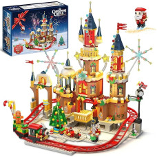 CUBIMANA Christmas Castle Roller Coaster Kit with Lights - 2025 Castle Village Roller Coaster Building Blocks House Christmas Tree Train Santa Claus Playset Gift Adults Children Boys Girls (1232