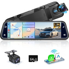 Alpinetech Reversing Camera Mirror with Wireless CarPlay Android Car, 9.66 Inch 2.5K Dashcam Mirror with Parking Aid Loop Recording Bluetooth AUX 64G SD Card HD Touch Screen Black