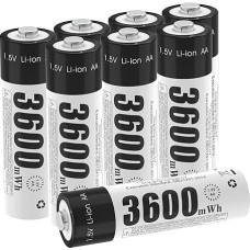 Įkraunama 1,5 V AA baterija, įkraunama ličio jonų baterija su 3600 mWh ir 1200 ilgų ciklų, 8 pakuotės AA ličio jonų baterijų, skirtų nuotolinio valdymo pulteliams, motorizuotiems žaislams, akumuliatoriams