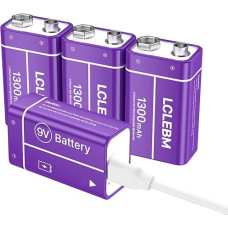 LCLEBM 9 V įkraunama baterija, 1300 mAh 9 V ličio akumuliatoriai, USB-C įkroviklis su įkrovimo kabeliu 