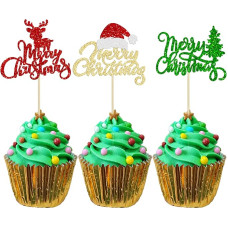 Gyufise 24 Stück Merry Christmas Cupcake Toppers Glitter Weihnachtsbaum Weihnachtsmann Hut Hirsch Frohe Weihnachten Cupcake Pick Dekorationen für Winter Weihnachten Thema Xmas Urlaub Geburtstag Party