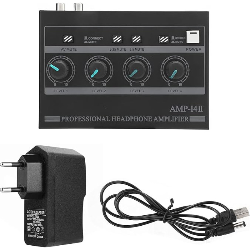 Headphone Amplifier 4 Channel Mono Stereo Audio Amplifier Mini Stereo Headphone Amplifier for Recording/Mixing/Music Practice/Gaming/PC (EU Plug)