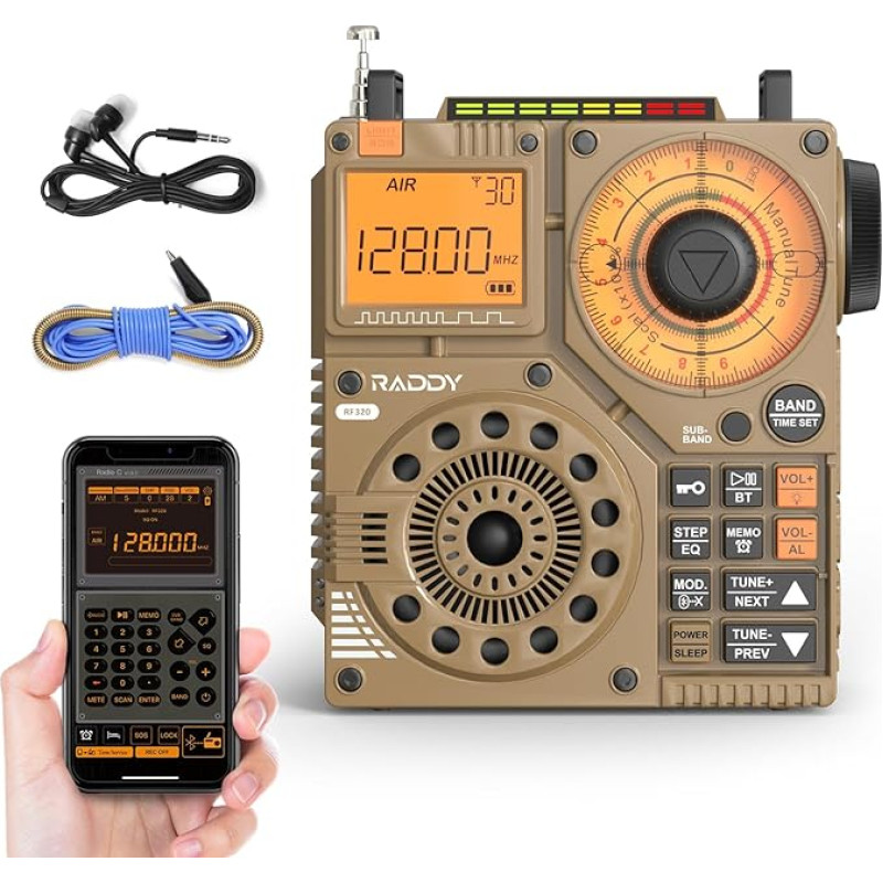 Raddy RF320 trumpųjų bangų radijas su programėlės valdymu, FM/AM/VHF/SW/AIR imtuvas su Bt/TF kortele, įkraunamas nešiojamas radijas su 3 metrų ilgio kabelio antena, ausinėmis, žibintuvėliu, SOS