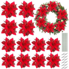12 dirbtinių kalėdinių gėlių pakuotė, Kalėdų blizgučių dirbtinės puansetijos gėlių modelis, blizgučių kalėdinės eglutės puošmena, skirta Kalėdų eglutės puošybai, kalėdiniam vainikui, Kalėdoms