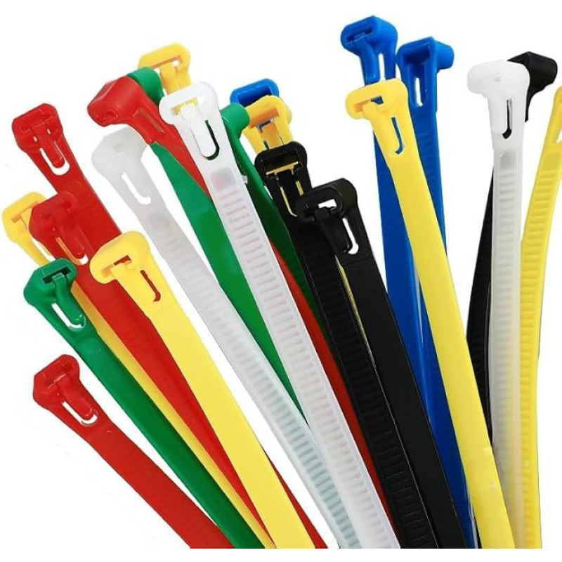 Wiederverwendbare Kabelbinder in Rot, Grün, Blau, Gelb, Schwarz, Weiß, 400 mm x 8 mm, 40,6 cm Kunststoff-Kabelbinder, strapazierfähig, lösbar, starke Nylon-Kabelbinder für Zuhause, Büro, Garage und