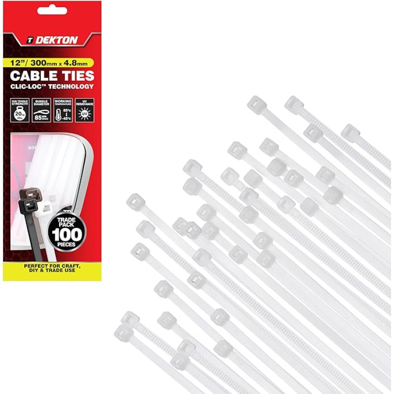 DEKTON kabelių raiščiai 4,8 x 380 mm, balti, 100 vnt.