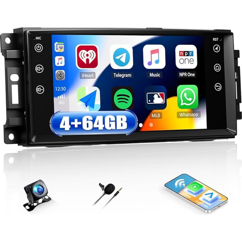CAMECHO 4+64G 7 colių DSP automobilinis radijas Jeep Wrangler Ram JK Dodge Challenger su belaidžiu Carplay, Android 13 Bluetooth radijas IPS HD jutiklinis ekranas su Android Car WiFi GPS FM/RDS + atbulinės eigos kamera