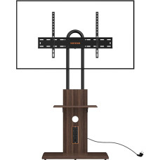 WHYFONE TV stovas 32-70 colių plokščiam ir lenktam televizoriui iki 45 kg, reguliuojamo aukščio pasukamas TV stovas su medijos dėklu Max. VESA 600 x 400 mm (juodas riešutmedis)
