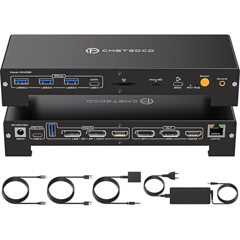 CMSTEDCD USB C KVM prijungimo stotelė nešiojamiesiems kompiuteriams ir staliniams kompiuteriams 100W PD 4K60Hz HDMI Displayport KVM jungiklis 2 kompiuteriams 3 monitoriams 16-in-1, 1000Mbps Ethernet, 3 x USB 3.0, USB-C, 65W PD, SD kortelės lizdas