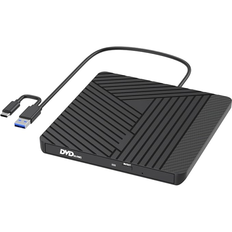 MOSWAG išorinis CD/DVD įrenginys USB 3.0 ir C, +/-RW optinis diskas, plonas ir nešiojamas, daugiafunkcinis įrašymo įrenginys, skirtas PC/Mac, suderinamas: 