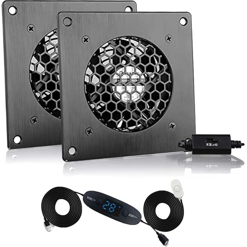 BRIEFCEC USB ventiliatorius 80 mm, skaitmeninis ekranas, temperatūros reguliavimas, tyli ventiliatoriaus sistema, 5 V ventiliatorius, 2-in-1 komplektas, su juodu aliuminio rėmeliu, skirtas namų kino AV spintai, auginimo palapinei (1 komplektas)