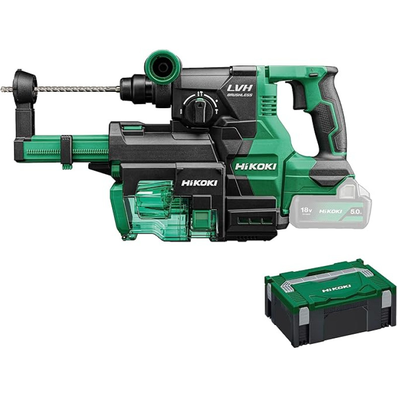 HIKOKI akumuliatorinis gręžtuvas ir kaltinis plaktukas DH1826DAW3Z, SDS-plus (18 V, smūgio energija: 3,2 J, pilnos apkrovos smūgio dažnis antroje pavaroje: 0-4300 min-1) Priedai HSCII dėkle, plius 1 dulkių siurblys, akumuliatorius ir