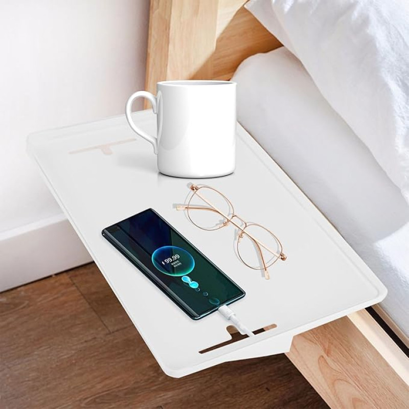 SHYICHENG Naktinio staliuko lentyna su kabelių valdymu, prisegama lovos lentyna, lovos organizatorius, balta, kabelių lizdai, taupanti vietą mobiliajam telefonui, knygoms ir kt.