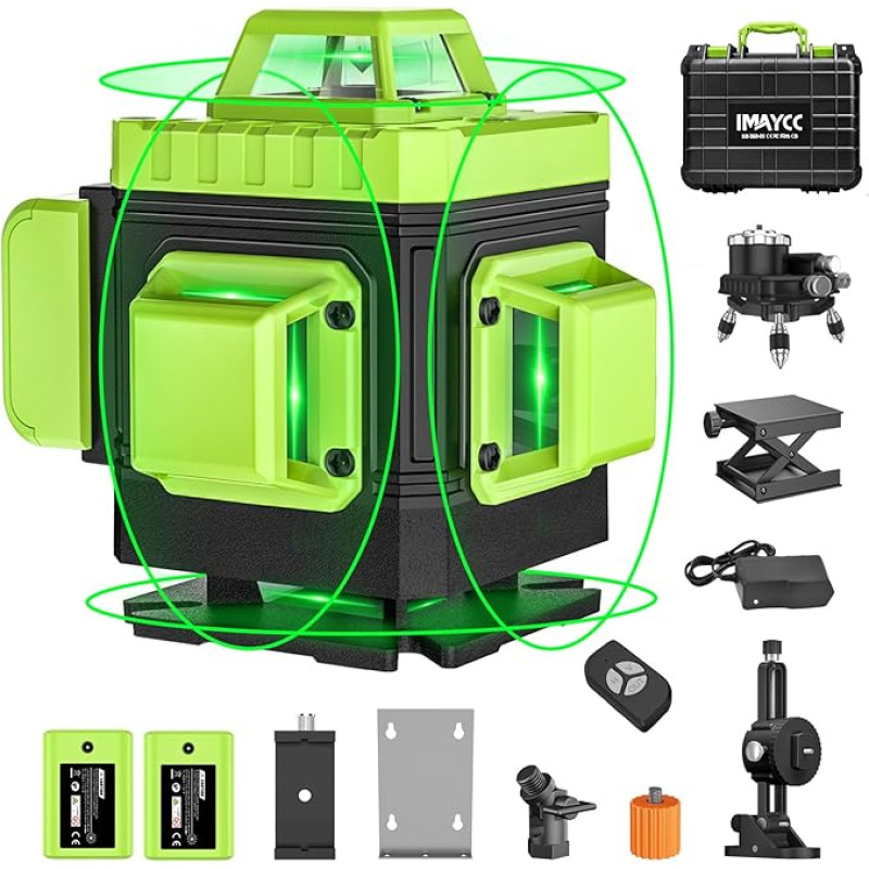 IMAYCC Kryžminis linijinis lazeris žalias savaime išsilyginantis lazerinis nivelyras 16 linijų 4D x 360 laipsnių linijų lazeris Kryžminis lazeris Statybinis lazeris Reguliuojamas ryškumas, skirtas vidaus statyboms 2 x baterijos