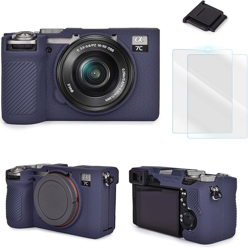 Camera Accessories Kit Compatible with Sony Alpha 7C II Textured Surface Silicone Protective Case LCD Screen Protector 2 Packs + 1 Hot Shoe Cover