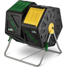 DF OMER Two-Chamber Tumbled Composter - Small Composter with Easy Turn System, 2 Sliding Doors, Sturdy Steel Frame - All-Season, BPA-Free, UV Protected (70L/18.5gal)