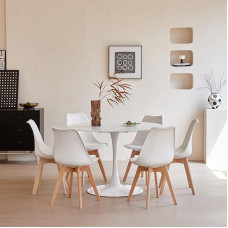 DEYARNA HOME Valgomojo 6 valgomojo kėdžių rinkinys, apvalus valgomojo stalas ir kėdės valgomajam, virtuvei, svetainei, baltas valgomojo stalas ir baltos kėdės