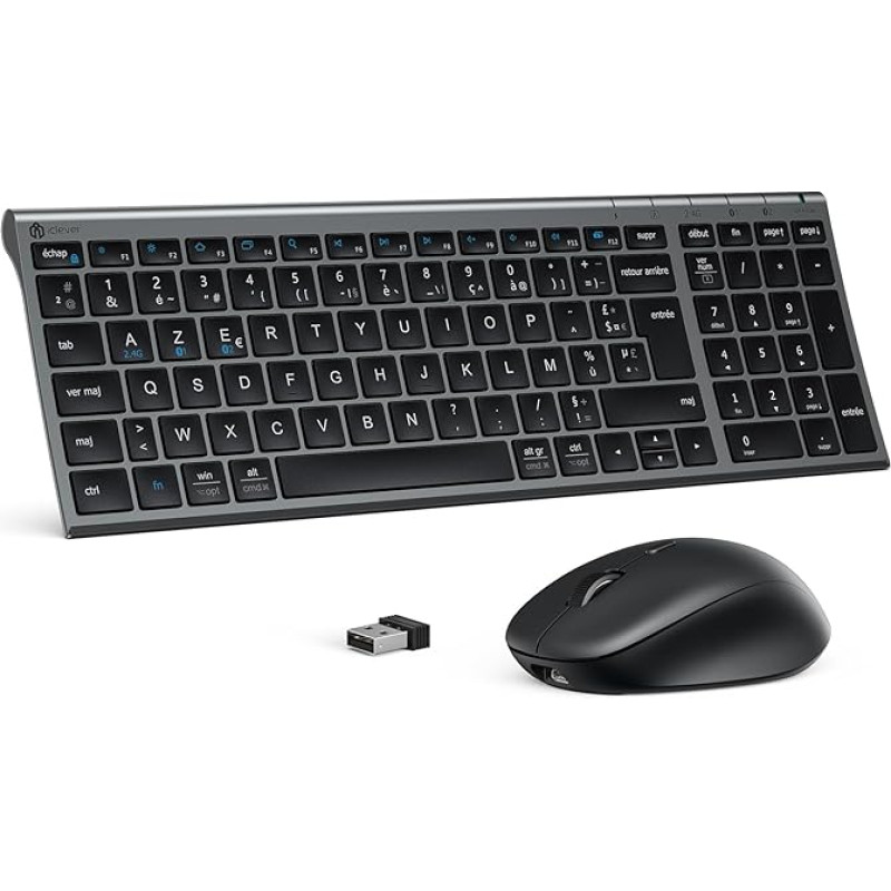 iClever Bluetooth Ensembles Clavier et Souris, Clavier et Souris sans Fil Combo Rechargeable, 2.4 GHz/Bluetooth, Silencieux, Ultra-Fin, Disposition AZERTY Français