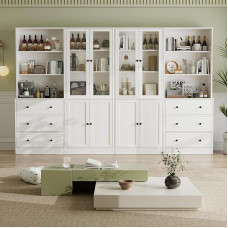 VOWNER 5 pakopų knygų spinta su stiklinėmis durelėmis, 180 cm vitrina, virtuvės spintelės, aukšta virtuvės spintelė, bufeto spintelė virtuvėje, svetainėje, valgomajame, 4 dalys (balta)