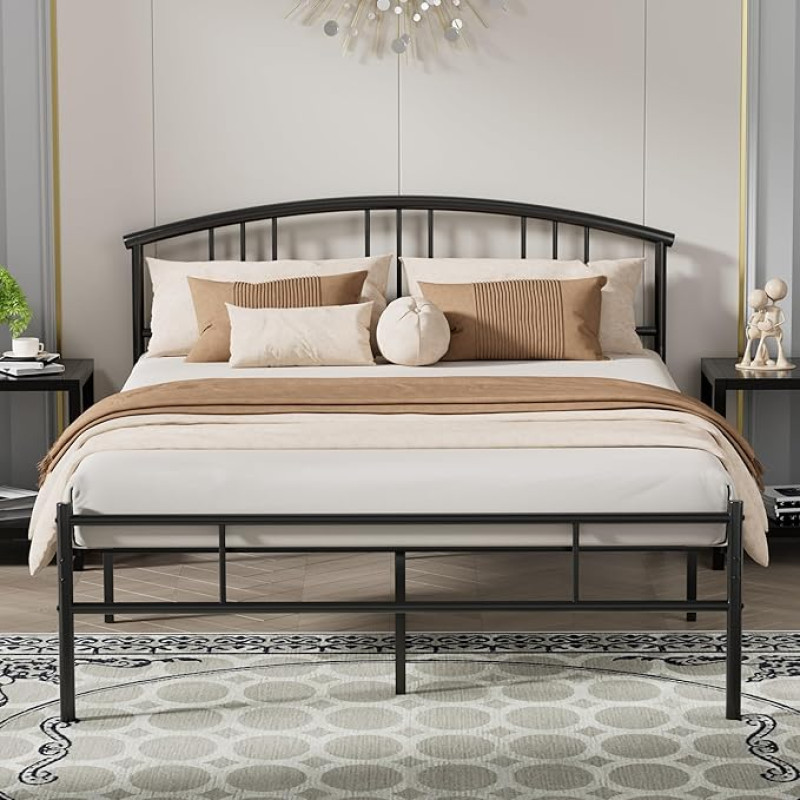 VECELO 4 pėdų x 7 pėdų lovos rėmas su mediniu galvūgaliu Metalinis platformos pagrindas su tvirtais skersiniais laikikliais ir laikymo vieta Lengvas surinkimas