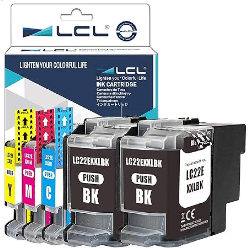 LCL suderinama rašalo kasetė LC-22E LC22E LC22EBK LC22EC LC22EM LC22EY XXL (5 vnt., 2 juodos, 1 žydros, 1 purpurinės, 1 geltonos spalvos), skirta Brother MFC-J5920DW