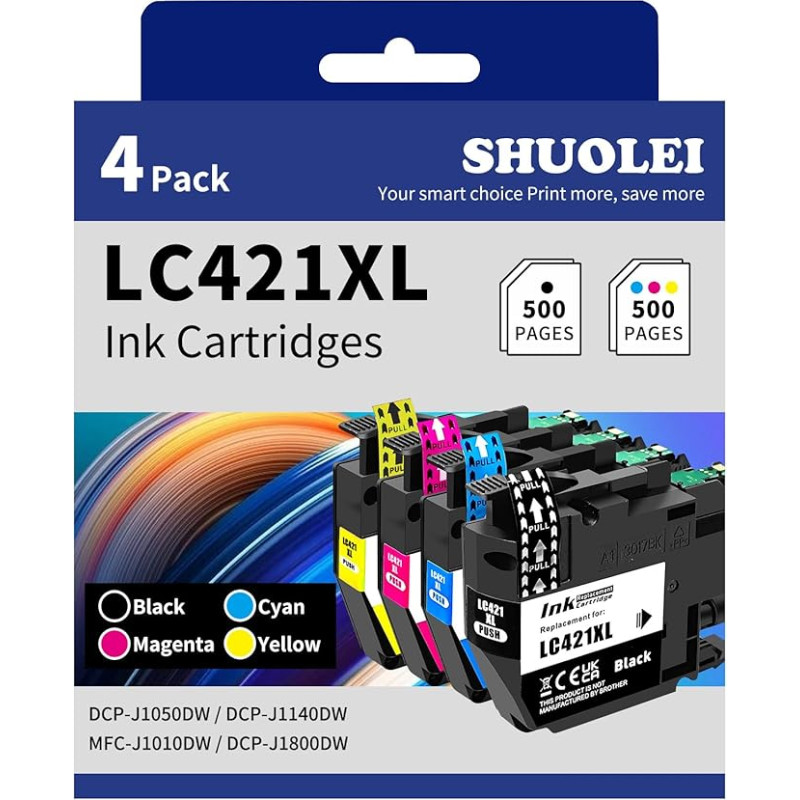 SHUOLEI LC421XL spausdintuvo kasetės suderinamos su Brother LC-421XL LC-421 kasetėmis, skirtos DCP-J1050DW DCP-J1140DW MFC-J1010DW DCP-J1800DW (4 pakuotės, juoda/juoda/magenta/geltona)