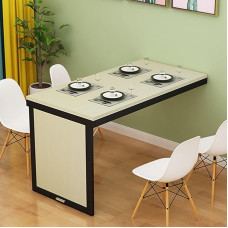 Foldable WallMounted Wooden Table Telescopic Invisible Kitchen Shelf Compact Dining Desk for Small Spaces Home Use Balcony Living Room (White Maple + Black Finish)