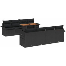 9-teiliges Garten Sofa Set mit Kissen Schwarz Poly Rattan Akazie Gartenlounge Model3349309